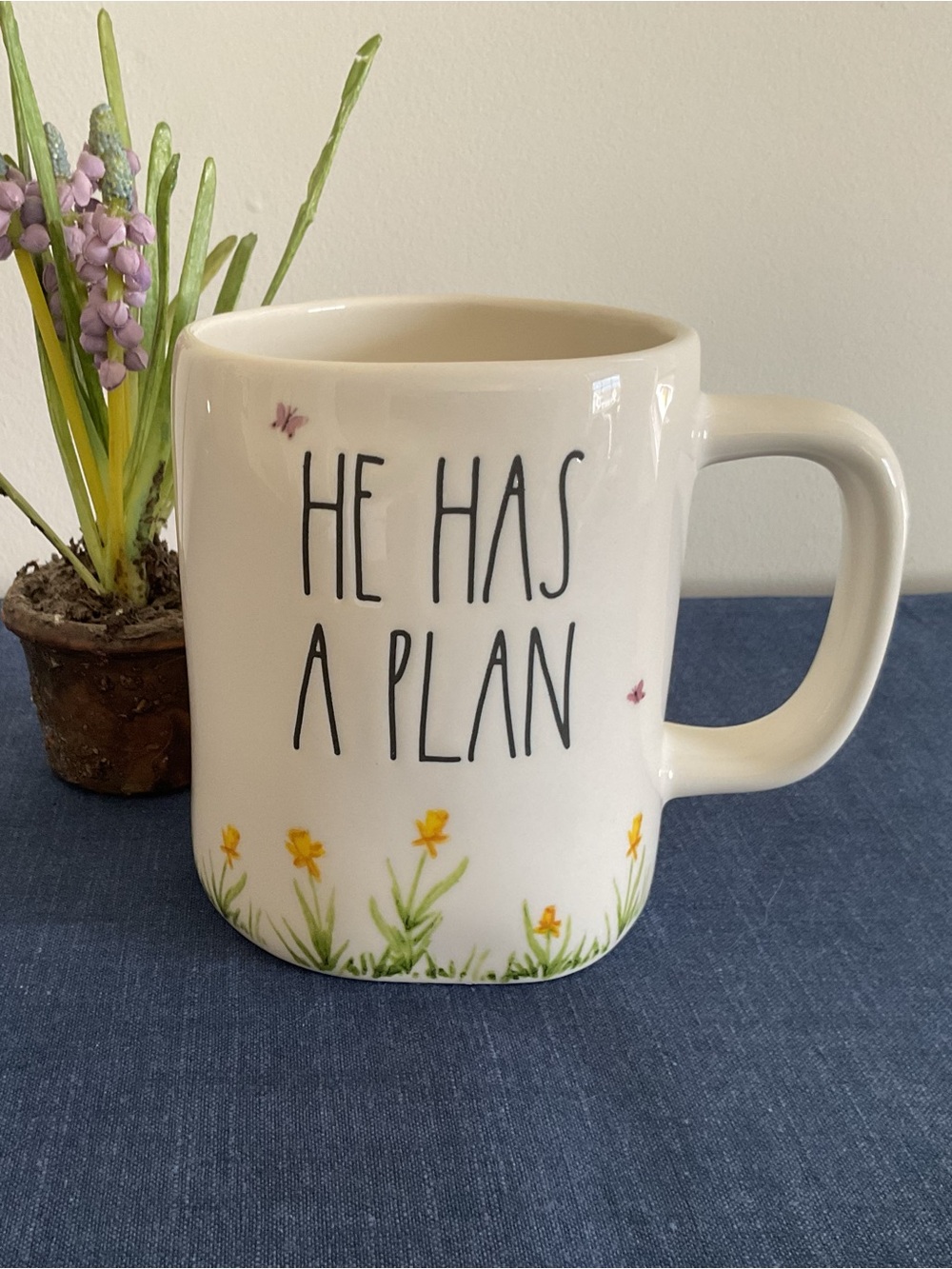 Magenta Rae Dunn “He Has A Plan” Mug with Daffodils & Butterflies